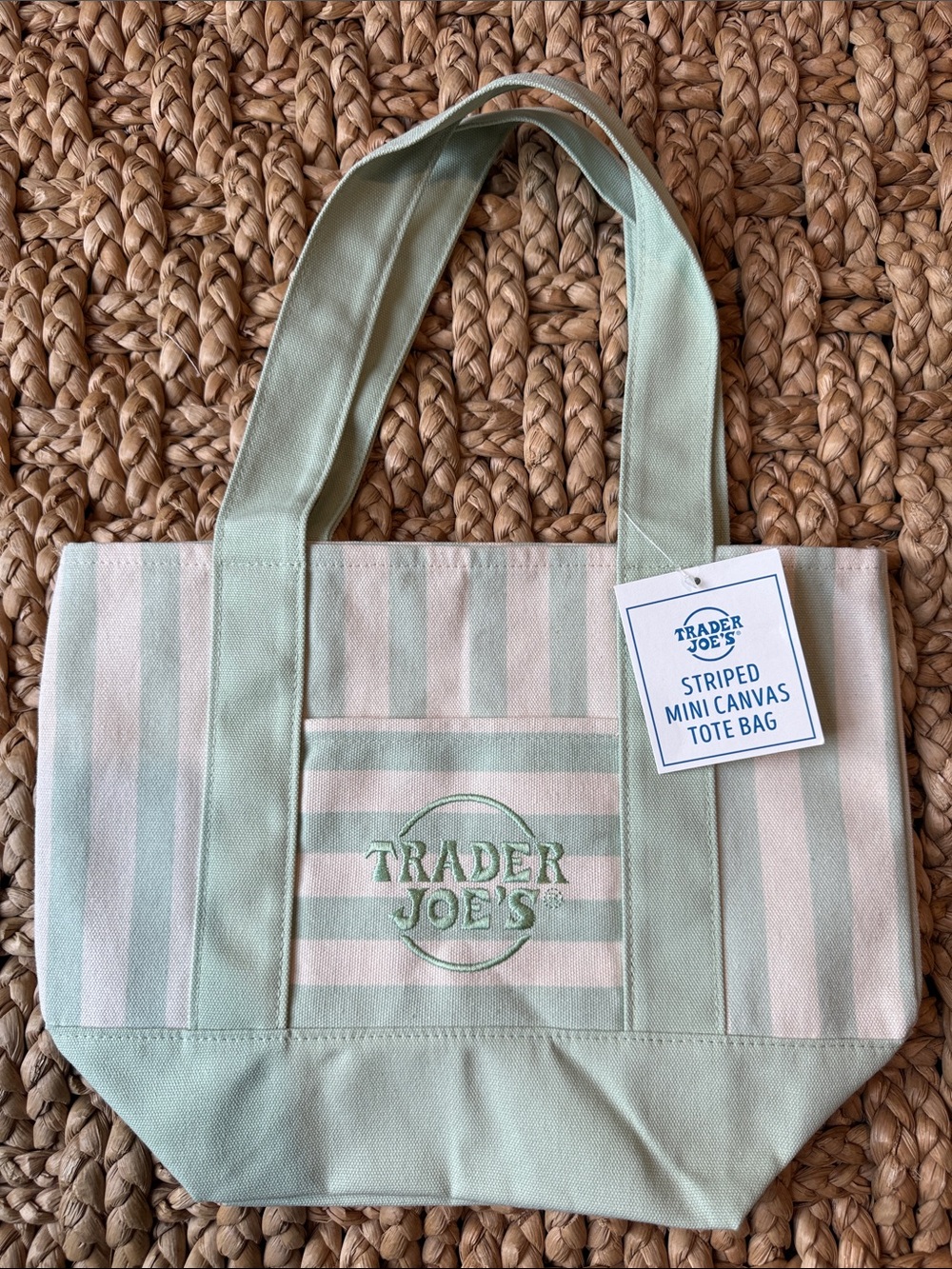 Trader Joe's Mint & Cream Striped Canvas Tote Bag NWT
